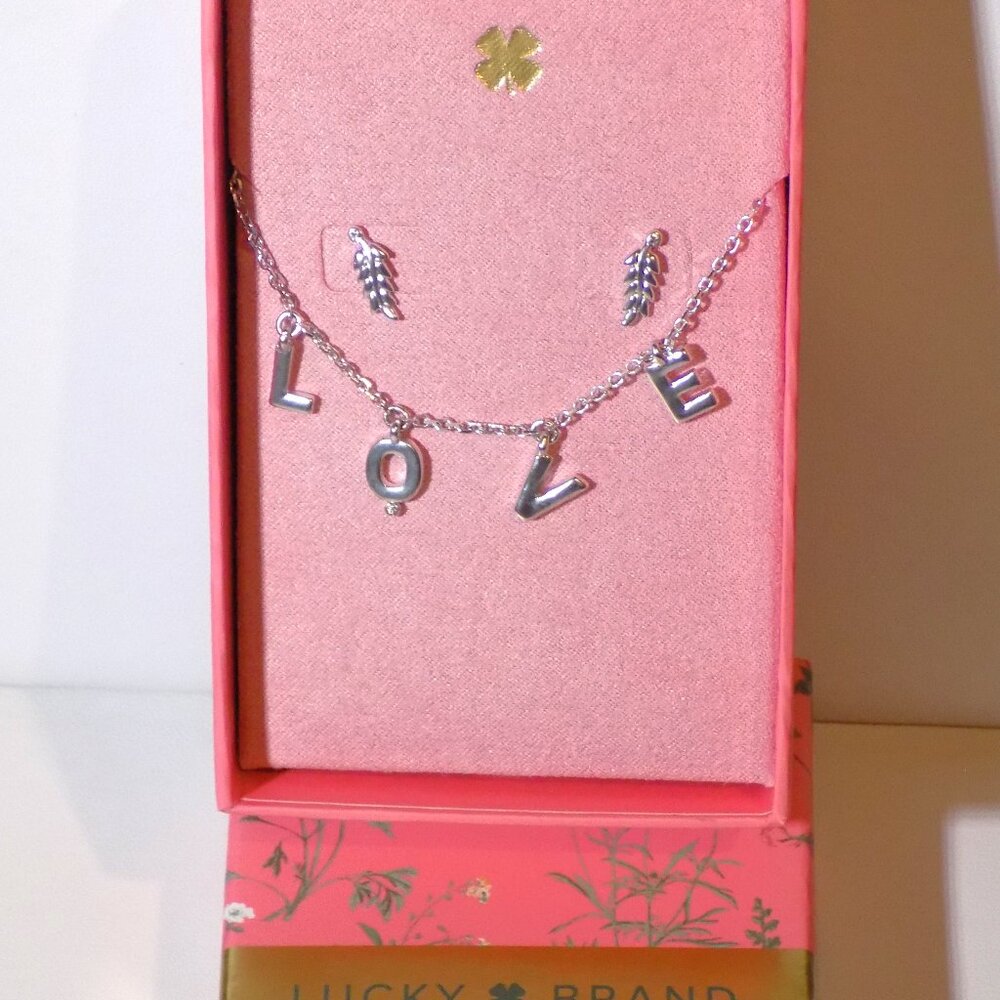 New w/$39 Tag Lucky Brand Love Charm Necklace & Earrings Set, Crystal Accents.